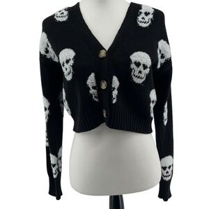 Skull Cardigan Women Small Black White Cropped Sweater Goth Emo Y2K Alt Grunge